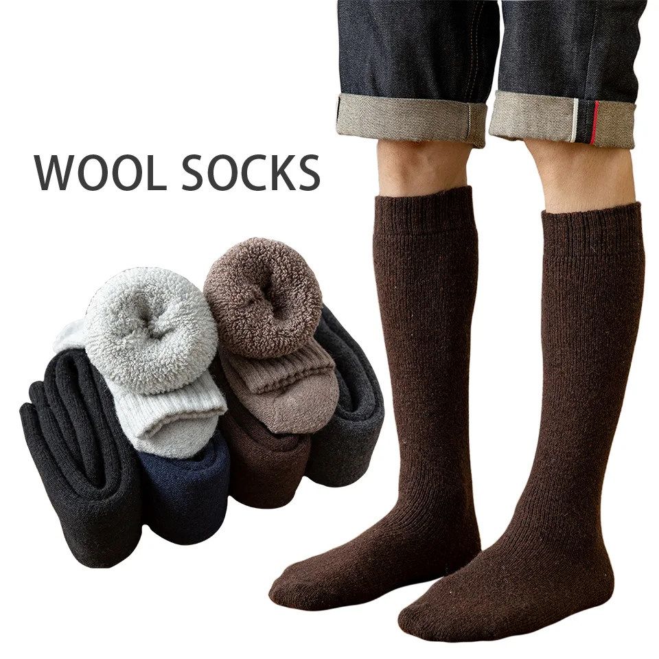 Winter Men\'s Knee Wool Long Socks Thick Warm Harajuku Retro Compression High Male Sock 3 Pair