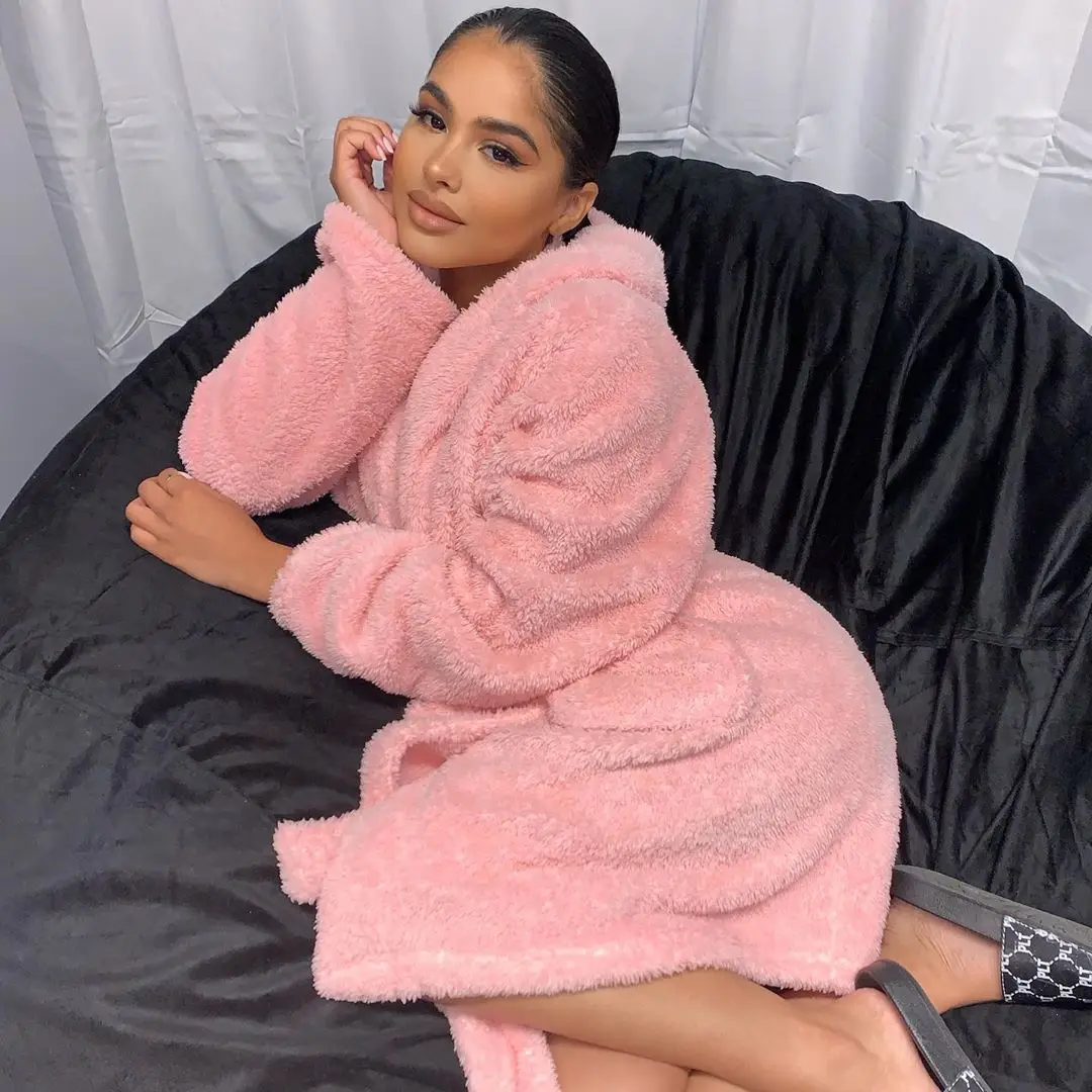 2021 wsevypo New Women Fleece Hooded Robe Sleepwear Fall Winter Warm Long Sleeve Thick Sleep Robe Furry Female Pajamas