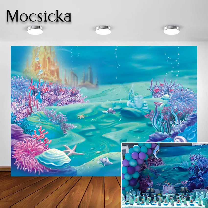 Mocsicka 7x5ft Under The Sea Mermaid Photography Backdrop Deep Blue Sea Mermaid Birthday Party Baby Shower Decor Background