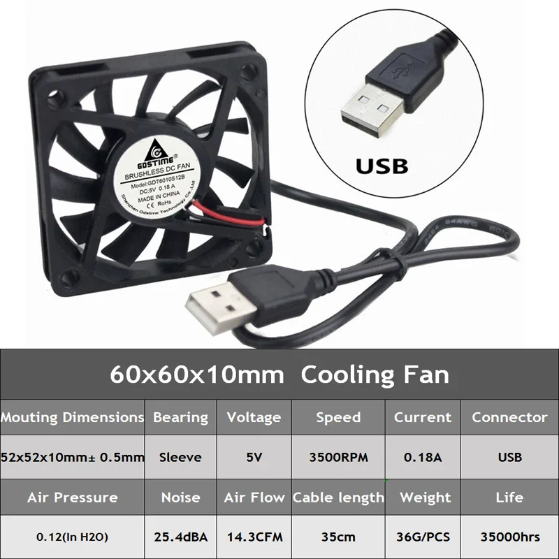 2Pcs Gdstime DC 5V USB 6cm 60x60x10mm 60mm Computer PC Case Cooling Fan 6010 Cooler Fans