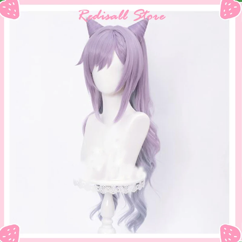 Wig Keqing Cosplay Purple Long Curly Ponytails Ears Horns Pigtails Heat Resistant Women Halloween Free Wig Cap