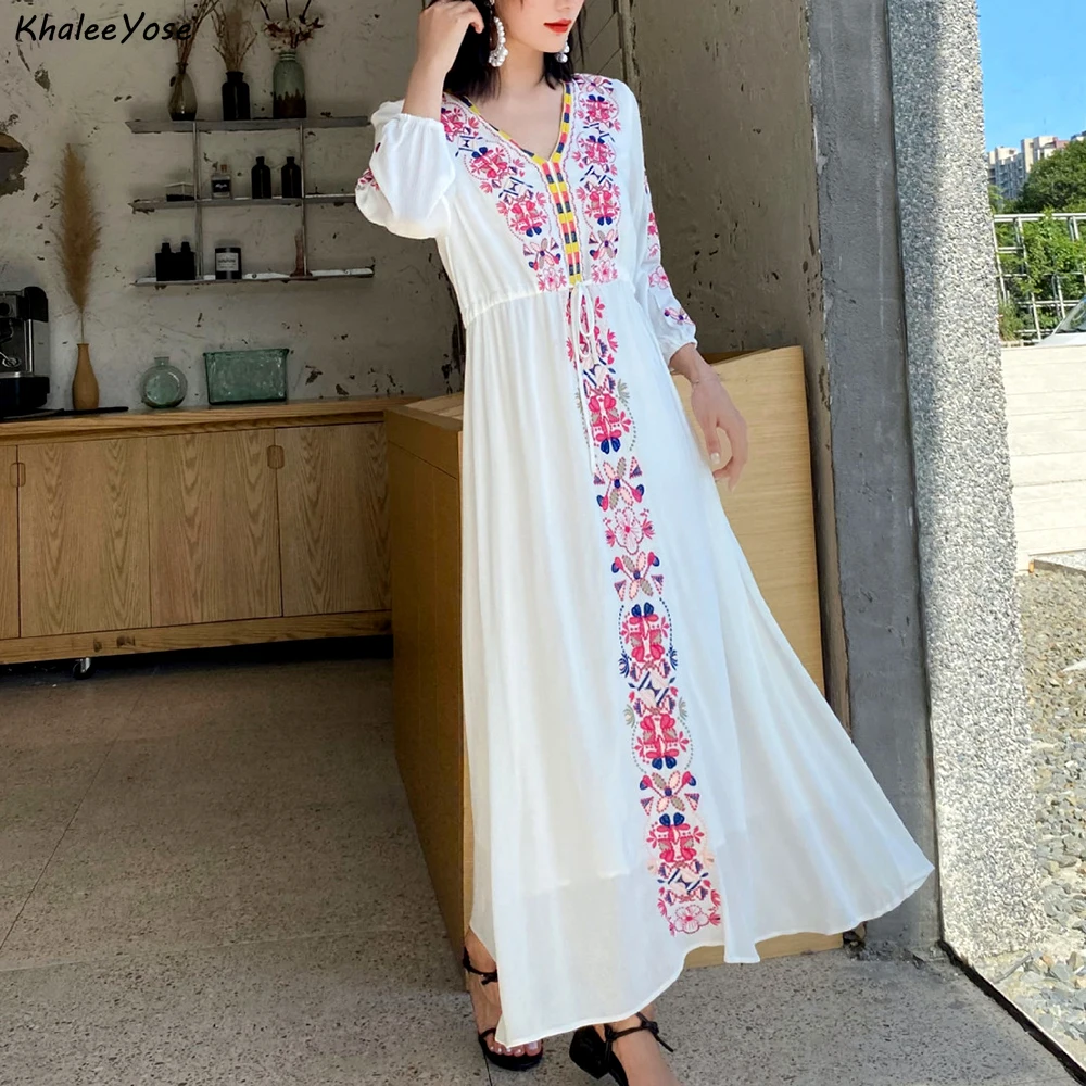 KHALEE YOSE White Floral Embroidery Dress for Women Vintage Spring Autumn Maxi DressesLong Sleeve Lady Casual Ethinic Chic Dress