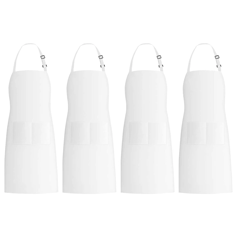 4 Pack Bib Aprons with 2 Pockets Adjustable Kitchen Cooking Chef Apron for Women & Men, White