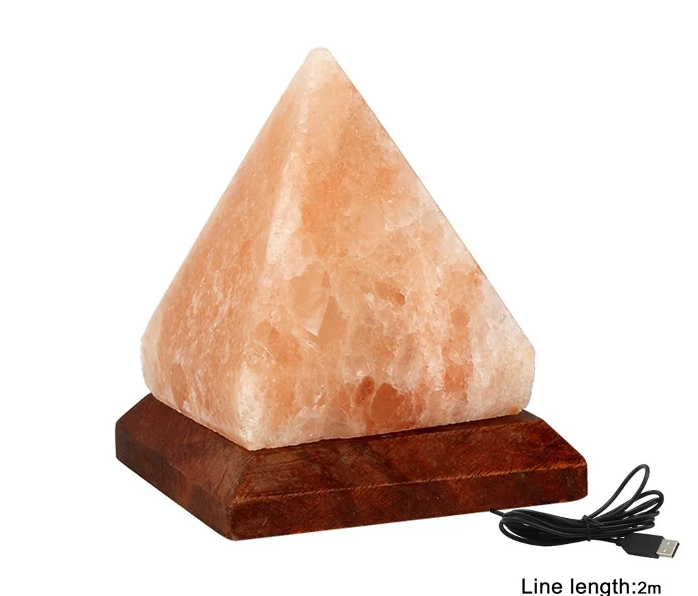 Triangle USB Salt Lamp Hand Carved Purifier Night Light Wooden Base Himalayan Colorful Natural Crystal Rock Lamp Light