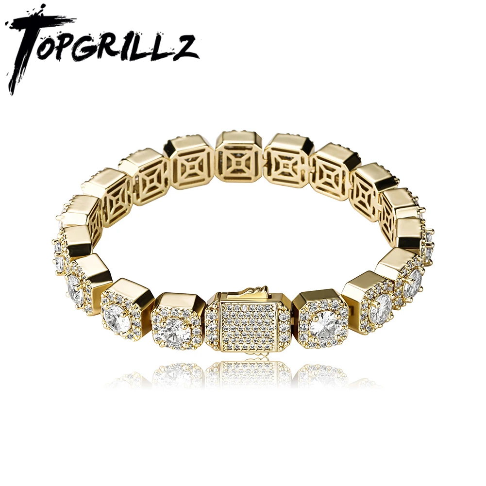 TOPGRILLZ Iced Clustered Tennis Bracelet in Yellow/White Gold(10mm) With Spring Clasp Hip Hop Fashion Jewelry