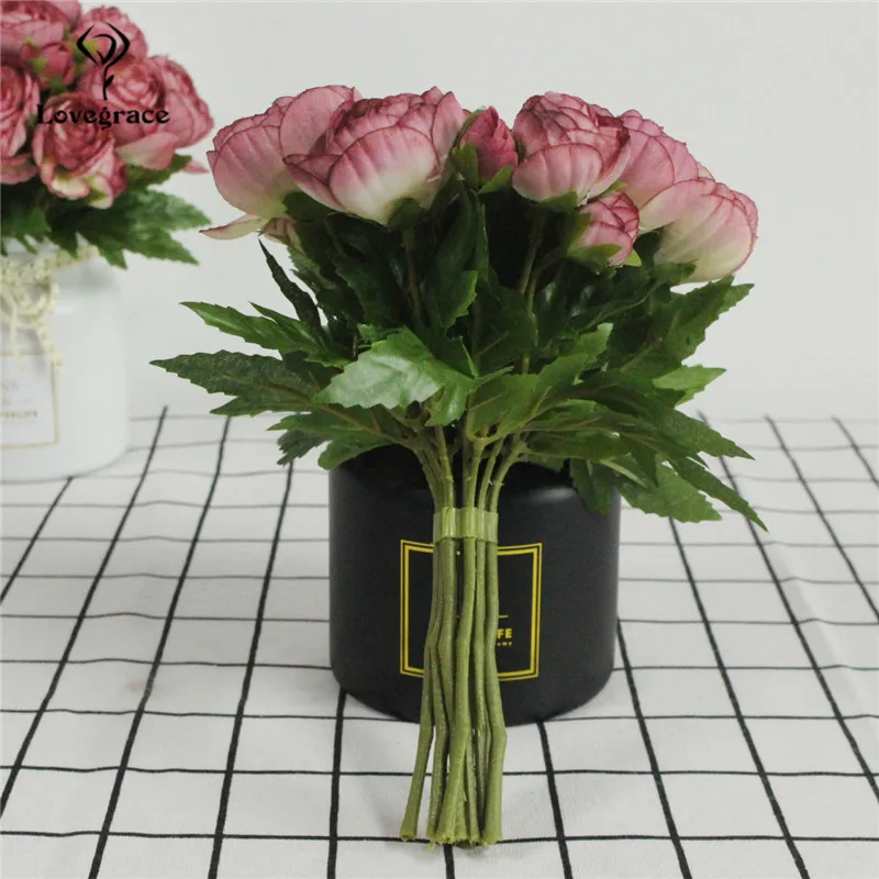 Mini buquê de rosas de chá de simulação, 10 unidades, flor falsa de seda de rosa com buquê de suporte, decoração de mesa para sala de estar, tecido de rosas florais