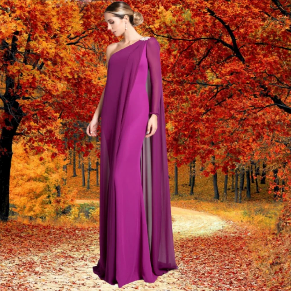 One Shoulder Long Sleeve Prom Dress Grape Elastic Satin Sheath Chiffon Floor Length Evening Gowns Dresses Formal