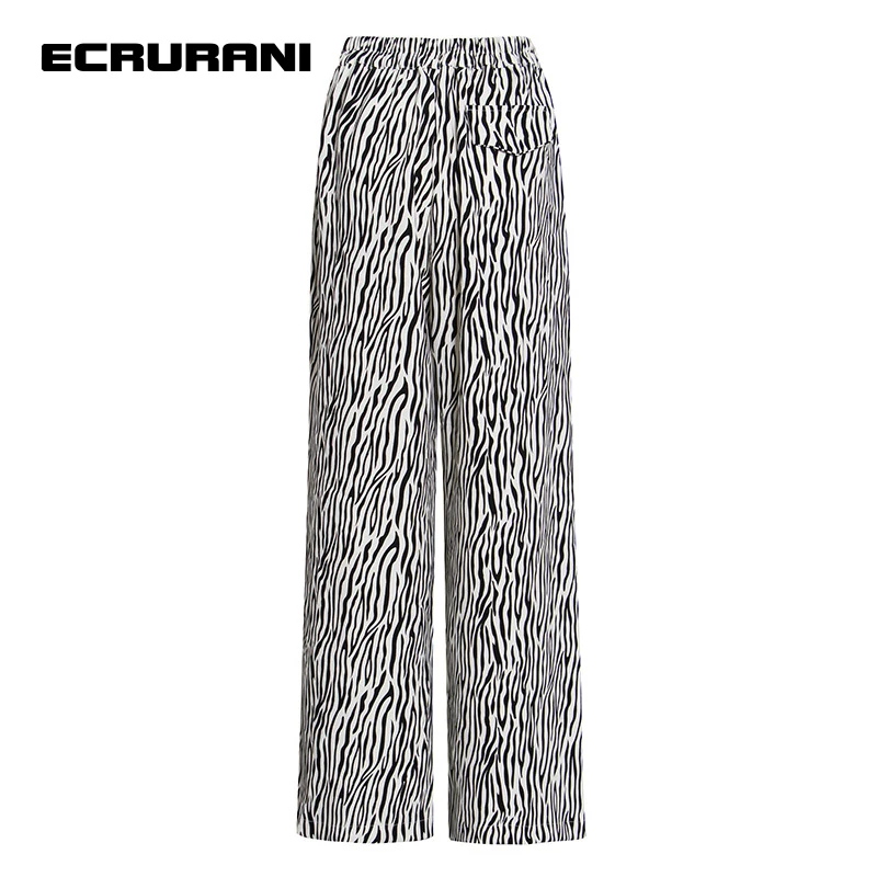 

ECRURANI Print Casual Straight Pant For Women High Waist Hit Color Loose Wide Leg Pants Female Summer Fashion Clothing 2021