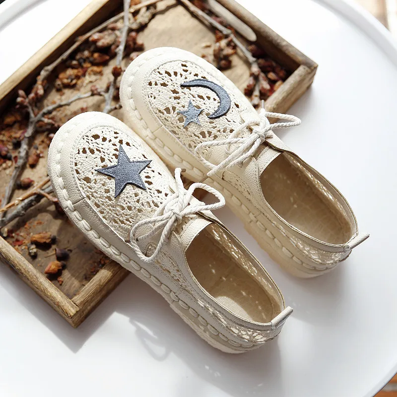 Careaymade-Original handmade women's shoes,soft soled sewing sandals, artistic tars&moons shoes,lace up small white casual shoes