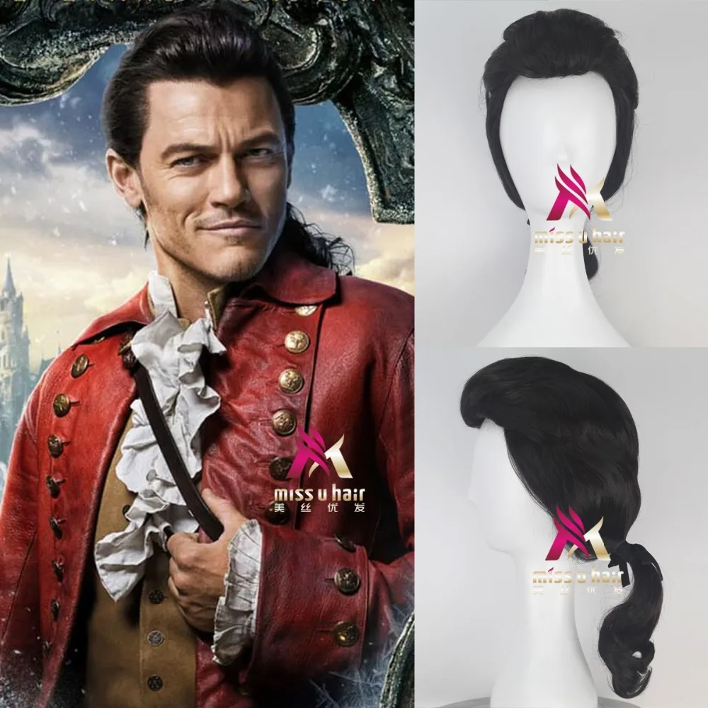 Nueva Peluca de La Bella y La Bestia, el Príncipe Gaston, peluca corta negra para Cosplay, juego de rol para Halloween, pelo + gorro de peluca