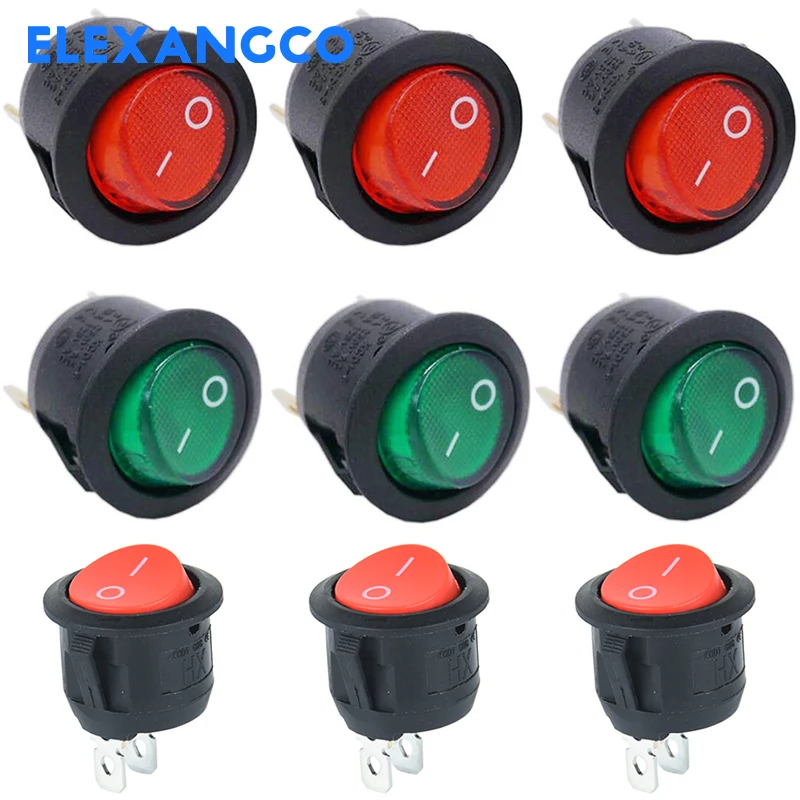 5Pcs Snap-in Red Green Light Illuminated Round Boat Rocker Switch Toggle Power Switch SPST ON-OFF 3 Pin AC 250V 6A 125V 10A