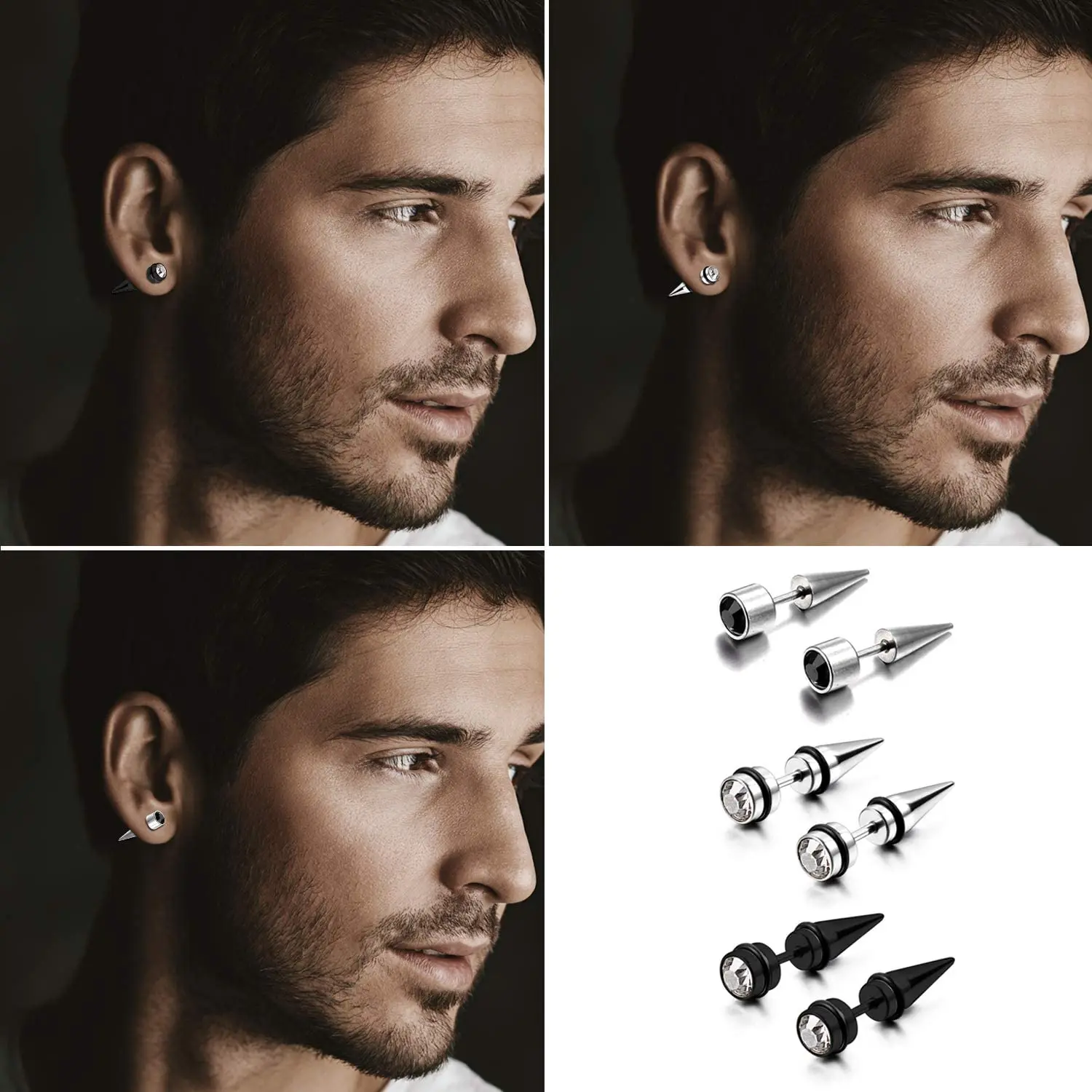 1 Pair Men\'s Stainless Steel Fake Illusion Tunnel Cheater Piercing Jewelry Stud Earrings Set Punk Jewelry