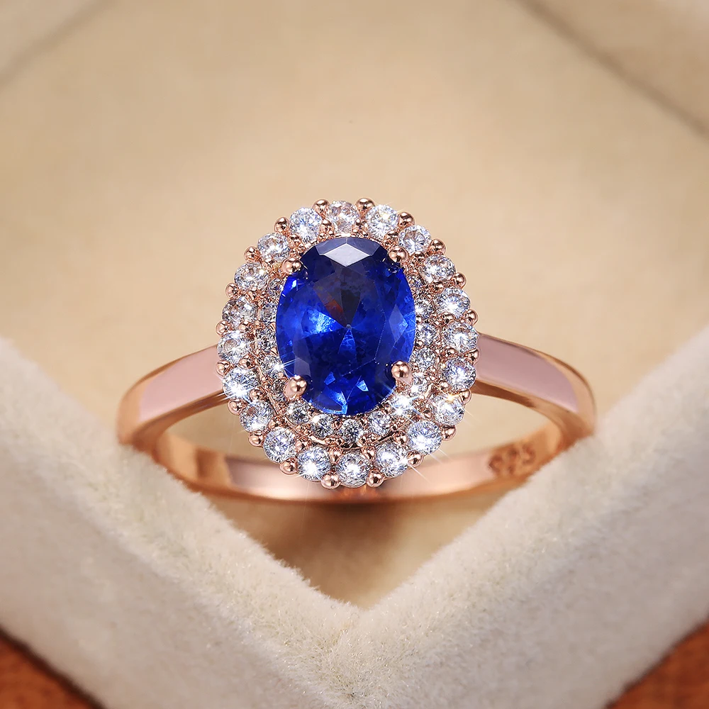 Huitan Fashion Oval Deep Blue Stone Women Wedding Bridal Rings Rose gold Color Gorgeous Engage Ring Mother’s Gift Noble Jewelry