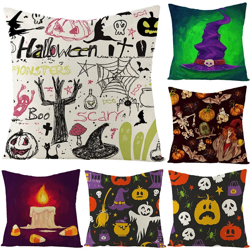 

2021 New Halloween Decorations Cartoon Cushion Cover 45x45cm Witch Bat Evil Pumpkin Linen Pillow Cover Cushion Case for Decor