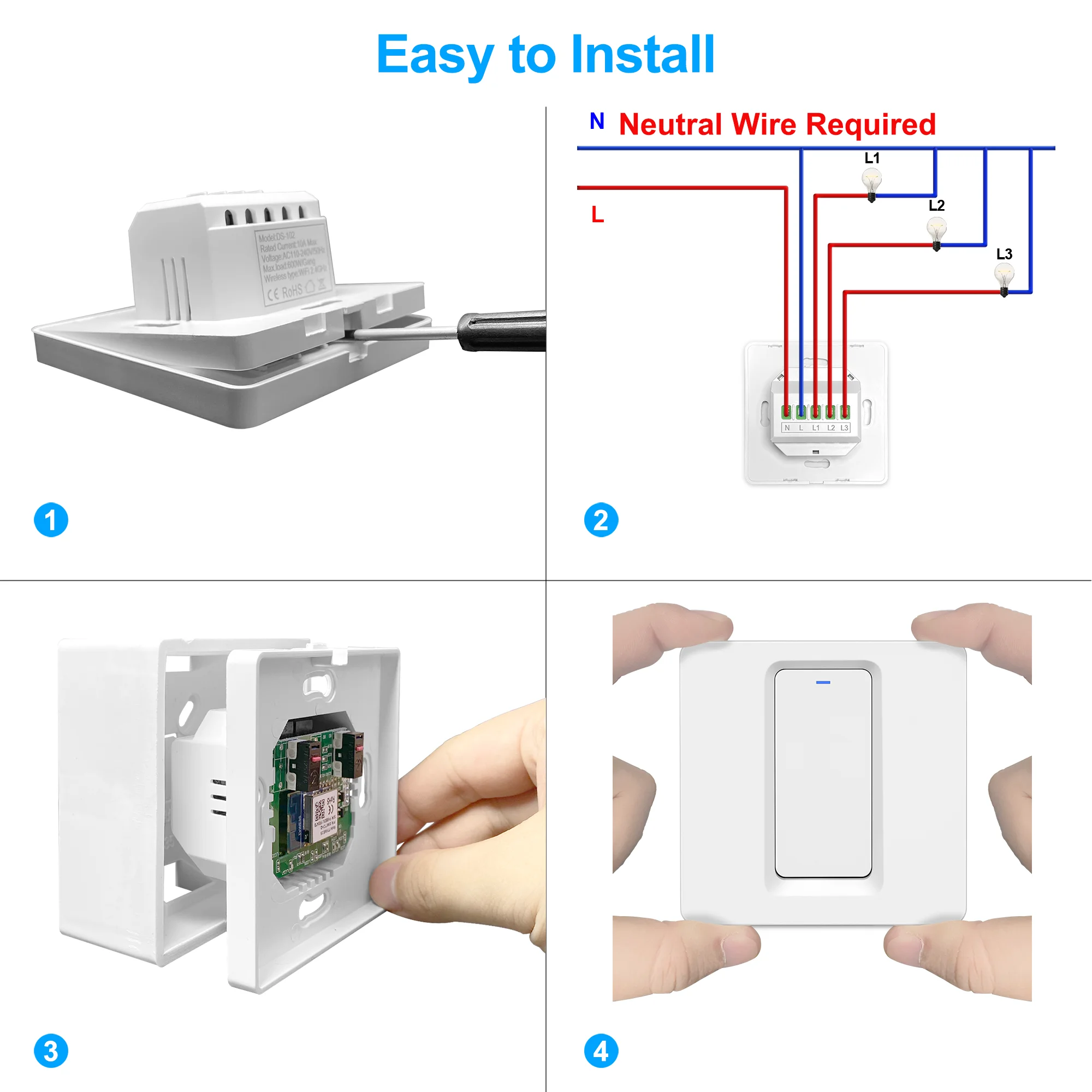 Tuya Smart Wifi Light Switch EU, Push Button Panel Wall Switch 100-240V, Neutral Wire Required, Works with Alexa Google Home