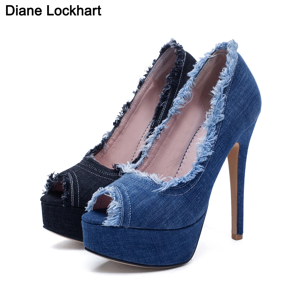 Women Denim High Heels Party Platform Shoes Fish Mouth Spring Pumps Woman Open Toe Slip On Thin Heels Female Dress Stilettos 41