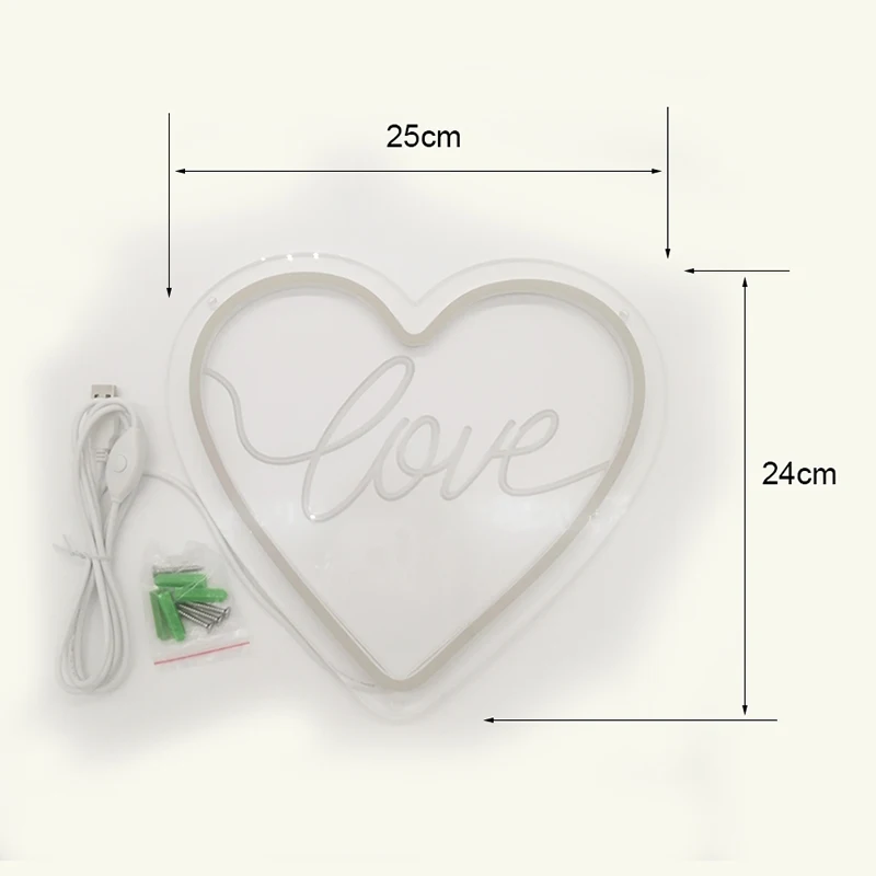 Heart LOVE Sign Neon Light LED Modeling Night Lamp Transparent Backplane USB Powered Decor Room Wall Shop Wedding Birthday