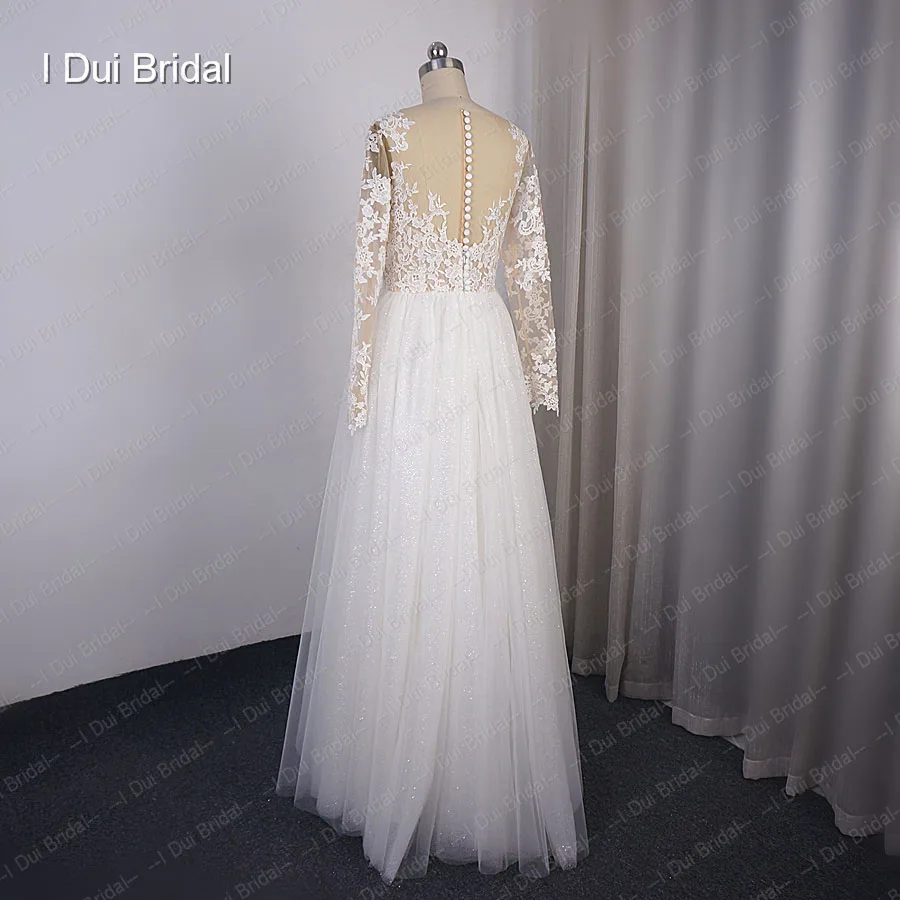 Dài Tay Áo Lấp Lánh Wedding Dress A Line Ren Appliqued Nhảy Múa Bridal Gown Tiếp Nhận Gown Diễn Tập Ăn Mặc Bengalas Boda