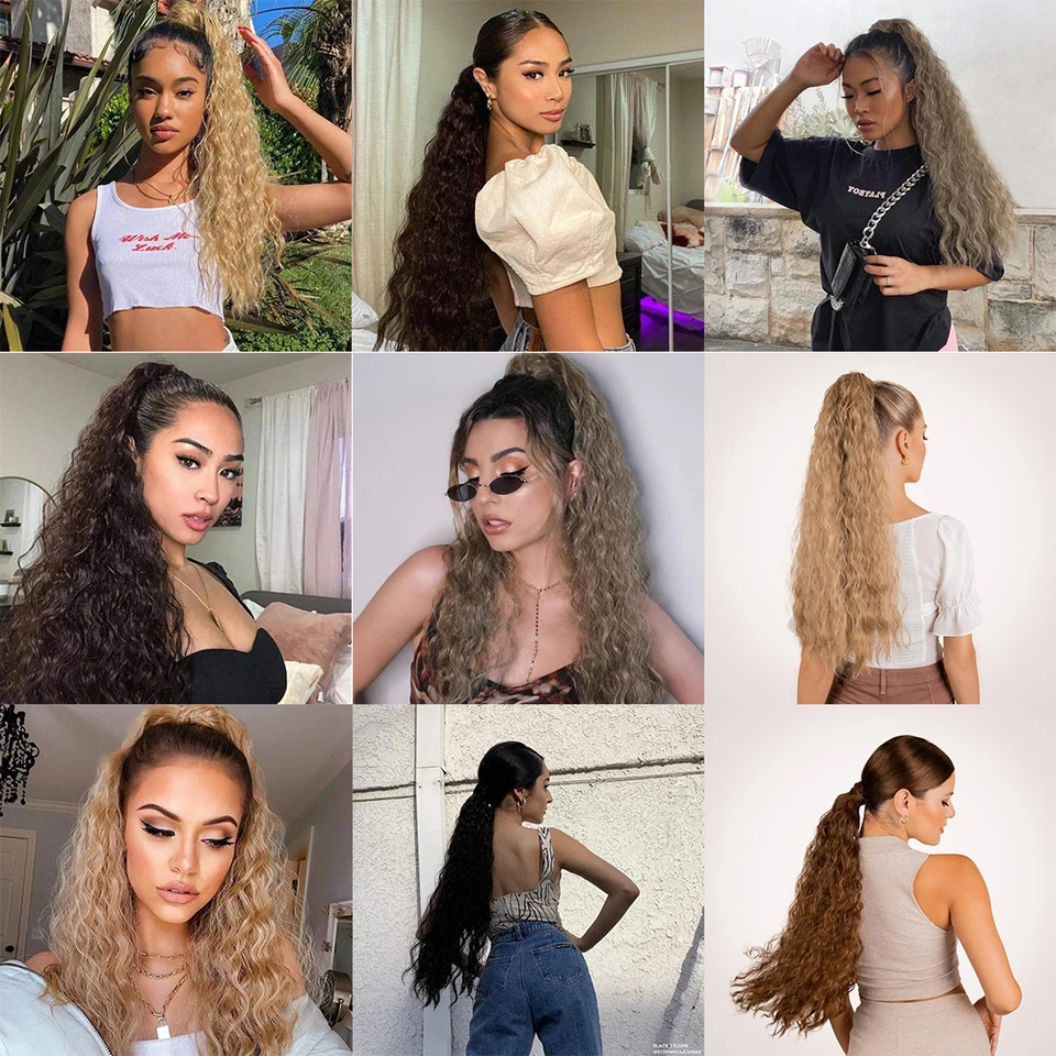 Postizo de Cola de Caballo Ondulada Larga Sintética con Clip, Ombre Marrón y Rubio, Extensiones de Cabello 5