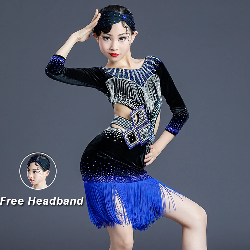 

Sparkly Rhinestone Latin Dance Dress Female Velvet Blue Tassels Competition Costume Girls Latin Dress Salsa Rumba Clothes BL6059