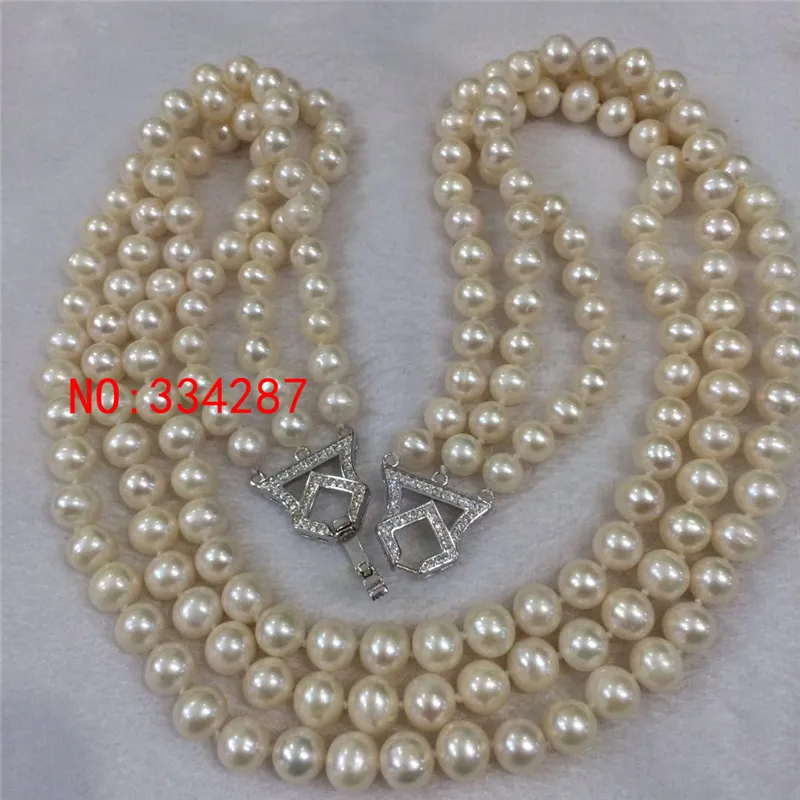 

NEW beautiful 3 rows AAA 7-8mm White Round Freshwater Cultured Pearl Necklace 18-20"