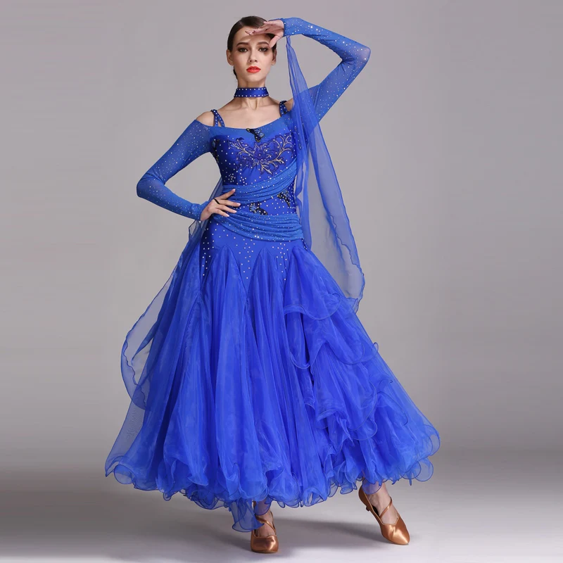 

Ballroom Dance Competition Dress Long Sleeve Rhinestone Hand Embroidery Standard Clothes Waltz Costume Women Modern Dancewear