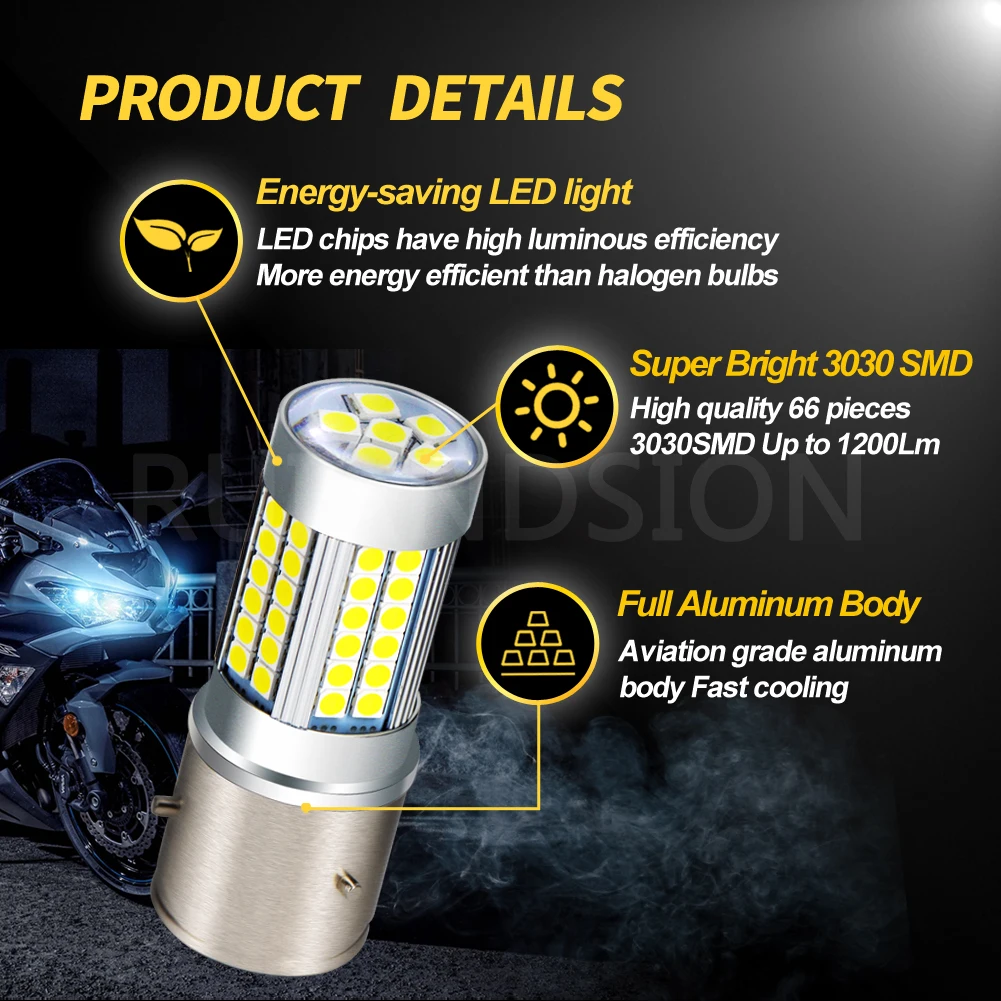 RUIANDSION 1Pcs 66 3030SMD 6V BA21D LED Bulb 1200Lm Peugeot Motorbike Motorcycle Headlight Amber Yellow 2700K White 6000K