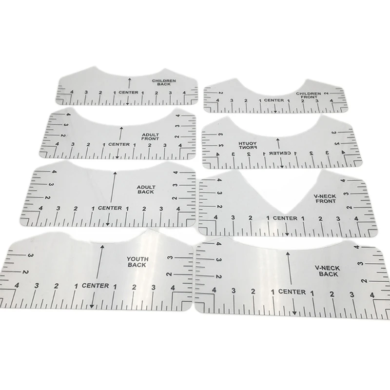 8Pcs Transparent T-Shirt Ruler Guide Center Designs Set for Clothing Front Back V-Neck DIY Template Alignment Tools B03E