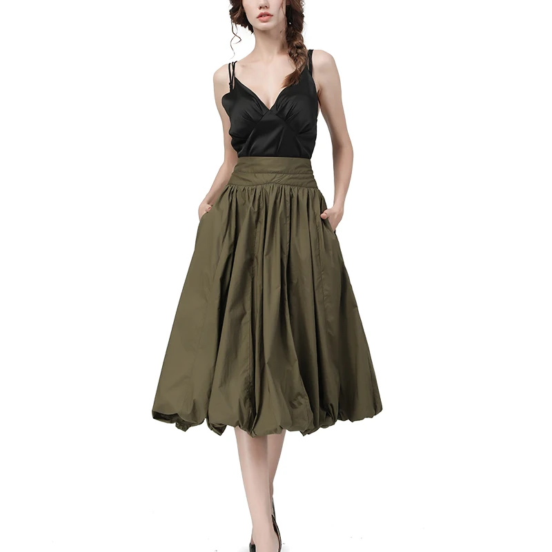 100% Cotton Army Green Pleated Skirts Fashion Spring Summer Women New Loose Elastic Waist A-Line Casual Long Ball Gown Skirts