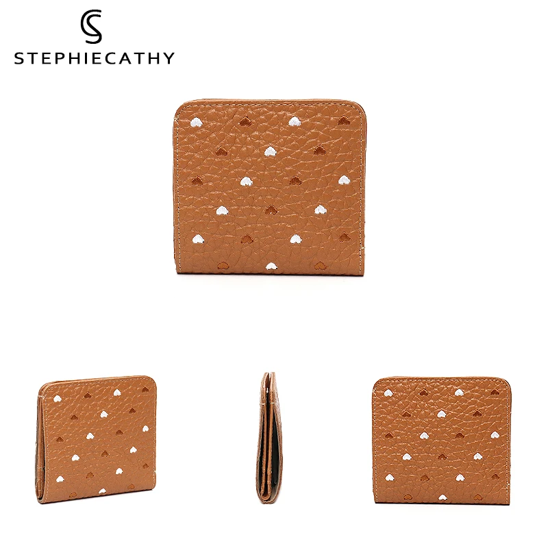 SC Fashion Genuine Leather Women Short Wallet Small Cute Heart Pattern Credit Card Holder Bifold Functional Pocket Organizer