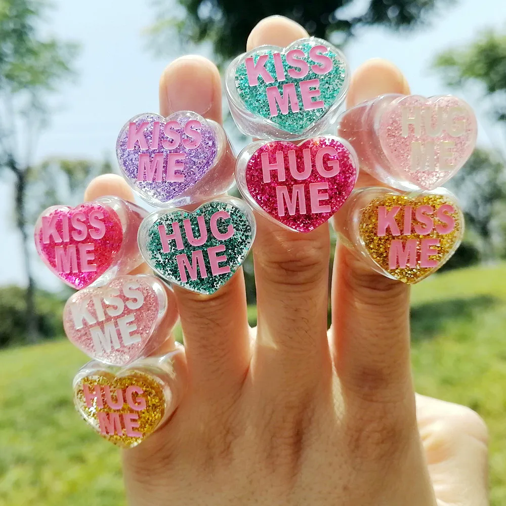 FishSheep Cute Korean Transparent Glitter Acrylic Love Kiss Rings For Women Colorful Clear Resin Heart Hug Letter Party Jewelry