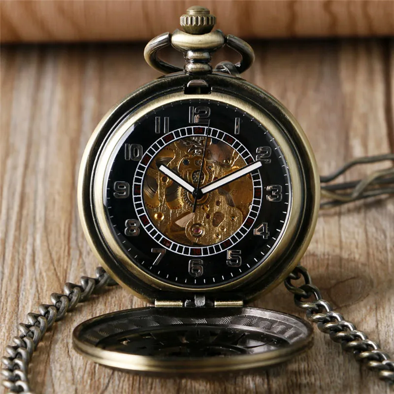 Vintage Bronze Poker Hollow Out Pocket Watch Men Women Automatic Mechanical Watches with Chain Skeleton Clock Pendant Chain Gift