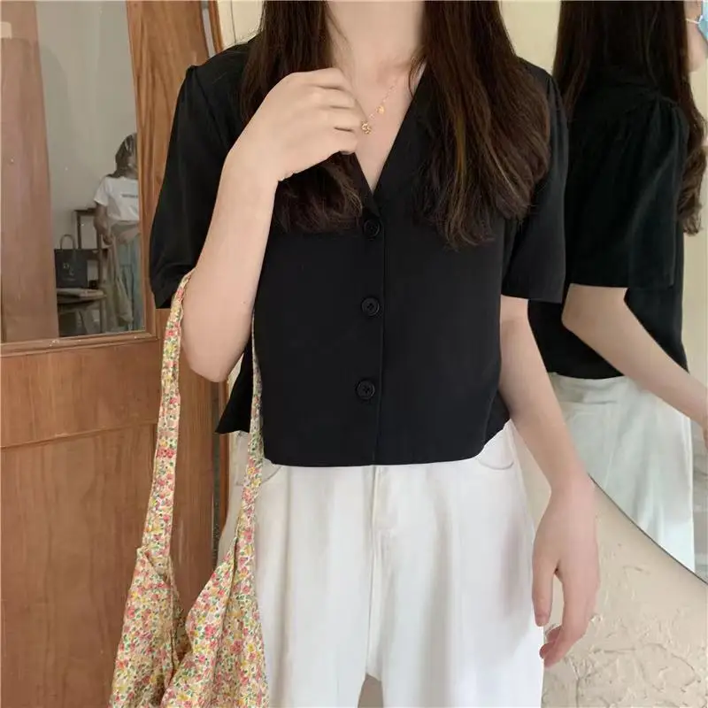 Shirts Women Notched Elegant Fashion Summer Crops Chic Ulzzang Office Ladies Basic All-match Simple Single Breasted Casual Solid