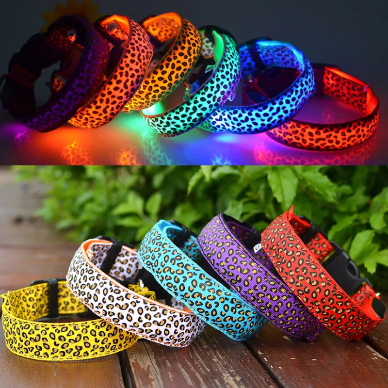 Leopard LED Dog Collar Luminous Night Safety Pet Collor Glowing Dog Harness For Small Dogs Nylon Glitter Bright Dog Light Leash