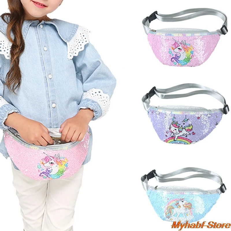 Cute Unicorn Fanny Pack Shiny Sequins Children's Shoulder Belt Bags Kids Phone Pouch Cartoon Unicorn Waist Bag Party Favor Gifts