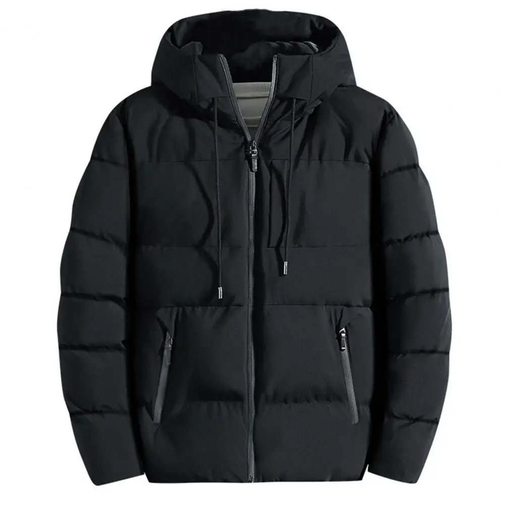 Zipper Pockets Hooded Men Coat Autumn Winter Solid Color Stand Collar Puffer Jacket Outerwear