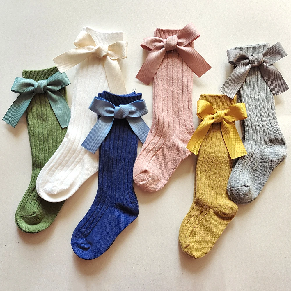 New Toddlers Girls Cotton Socks Big Bows Knee High Long Soft Kids Princess Socks Stripped Children Socks School High Quality