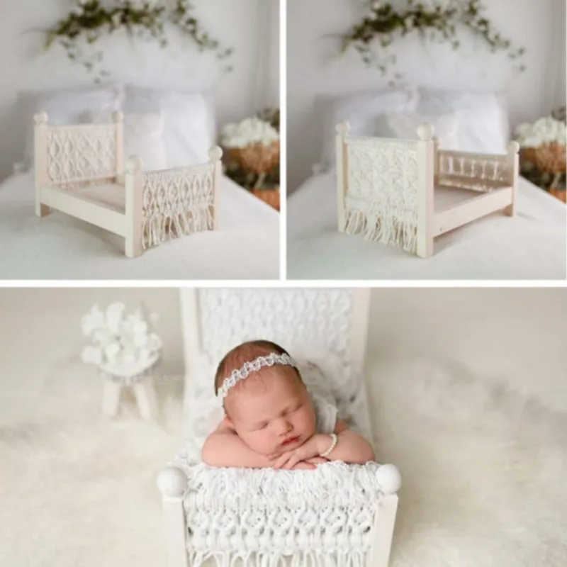 

White Newborn Photography Props Baby Crib Shooting Assisted Solid Wood bed Hand-woven Tassels Props Posing Props Accessories