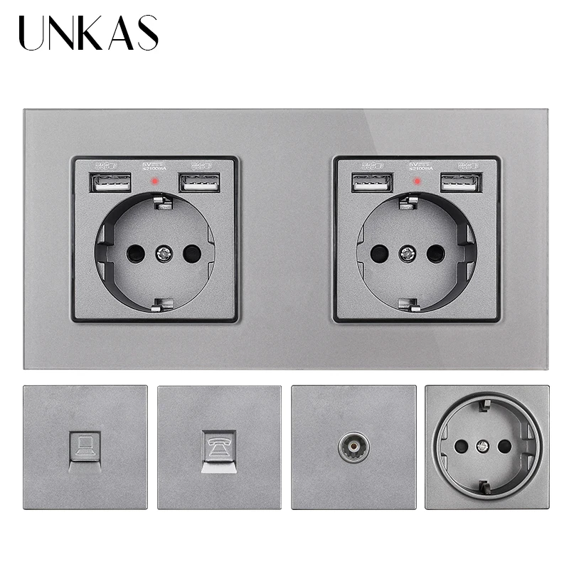 

UNKAS EU French Socket With Dual USB Port + TV RJ11 Telephone RJ45 Internet Computer Jack 172mm * 86mm Grey Glass Panel Outlet