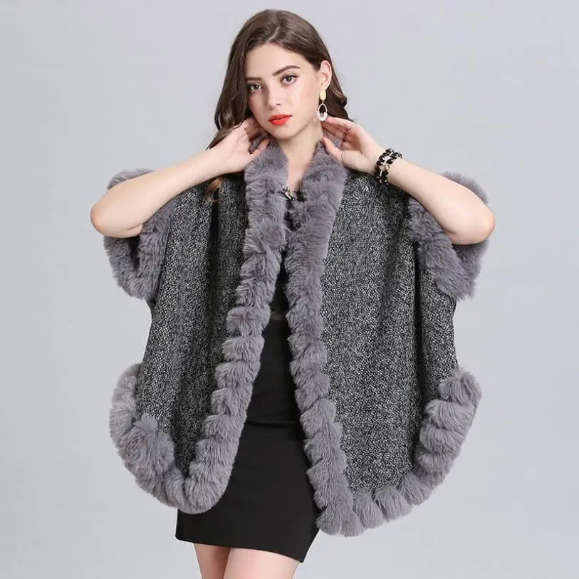 Winter Europa neue Fashon oversize lose nachahmung fuchs pelz kragen stricken mäntel weibliche fledermaus ärmel strickjacke schal mantel jacken F210