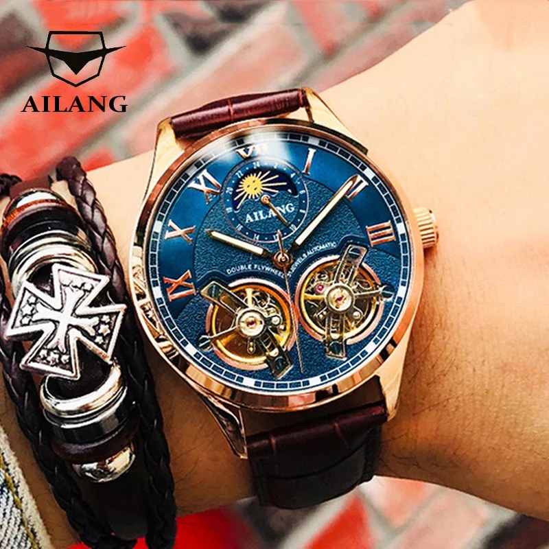 AILANG Brand Luxury Double Tourbillon Watch for Men Leather Waterproof Luminous Fashion Rose Gold Case Mechanical Watches Mens