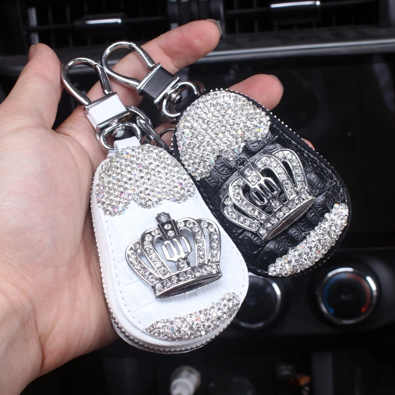 Universal Leather Car Key Case ​Crystal Rhinestone Crown Driver\'s license Cover Holder Car Key Bag Wallets Keychain Accessories