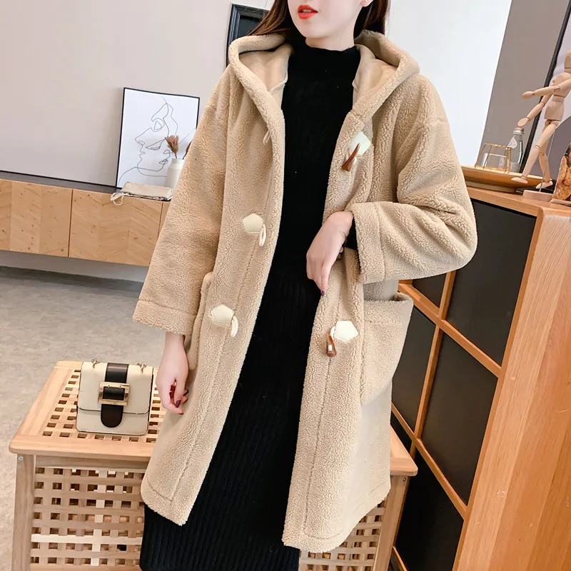 Elegant long women hooded fur coat Autumn winter thick  shaggy warm female coat streetwear  office fur Lamb overcoat