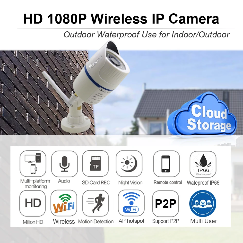 JIENUO IP Camera Wireless Cloud Storage Audio Cctv Security Outdoor Waterproof SD Card Slot Surveillance White HD Home Cam Wifi