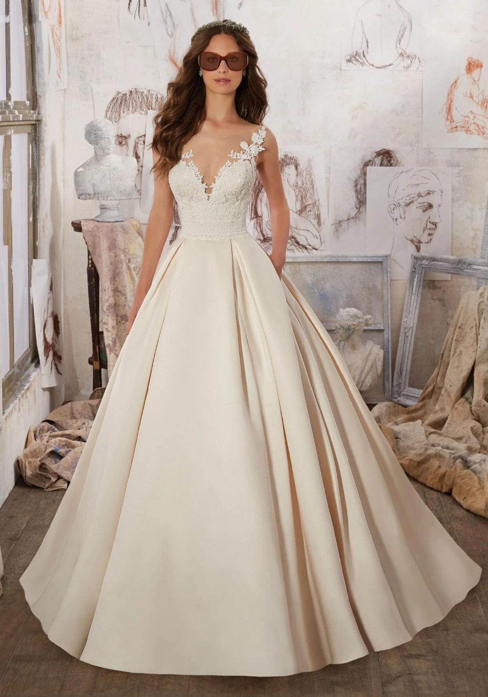 Sexy Backless Hochzeit Kleider 2021 Elfenbein Satin V-ausschnitt Ehe Brautkleider Vestido De Noiva Appliques Brautkleider Ballkleider