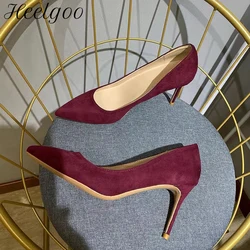 Heelgoo Burgundy stado kobiety Pointy Toe klasyczne szpilki formalne buty eleganckie damskie wino czerwone zamszowe czółenka na szpilkach rozmiar 33-45