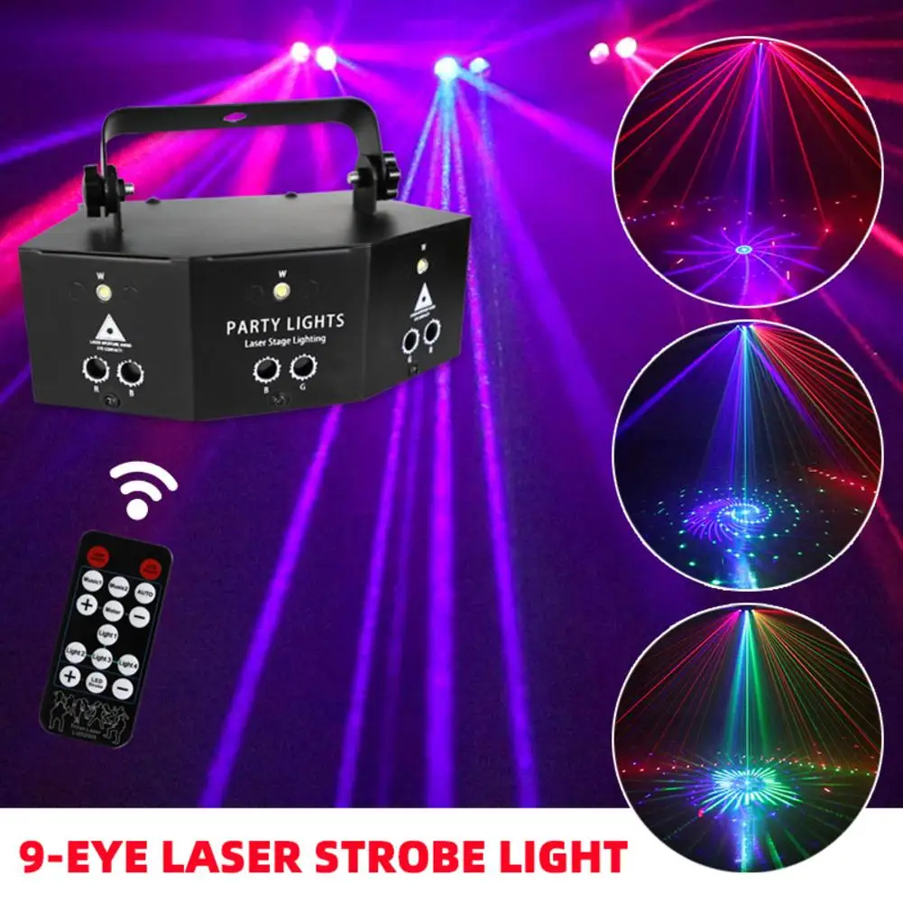 9-eye RGB Disco Dj Lamp DMX Remote Control  Strobe Stage Light Halloween Christmas Bar Party  Led Laser Projector Home Decor