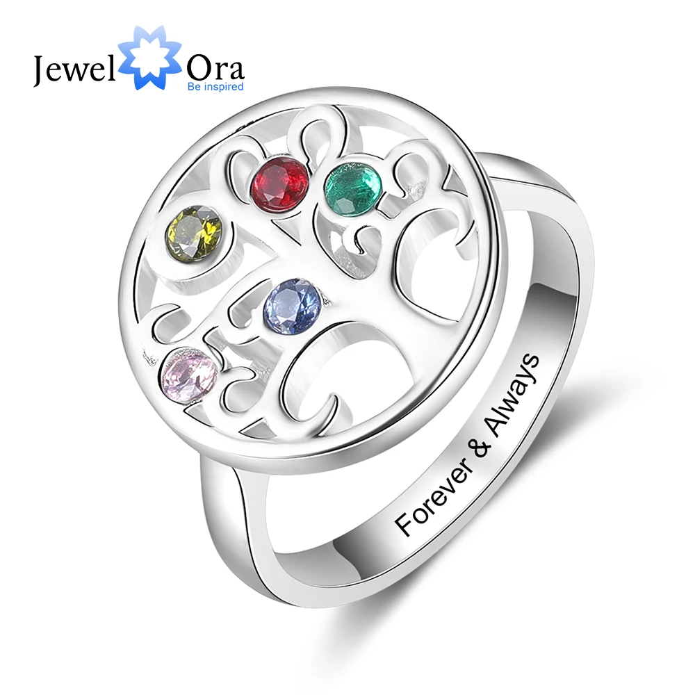 JewelOra Personalized Tree of Life Rings with 5 Birthstones Customized Round Engraved Rings for Women Gift for Grandmother