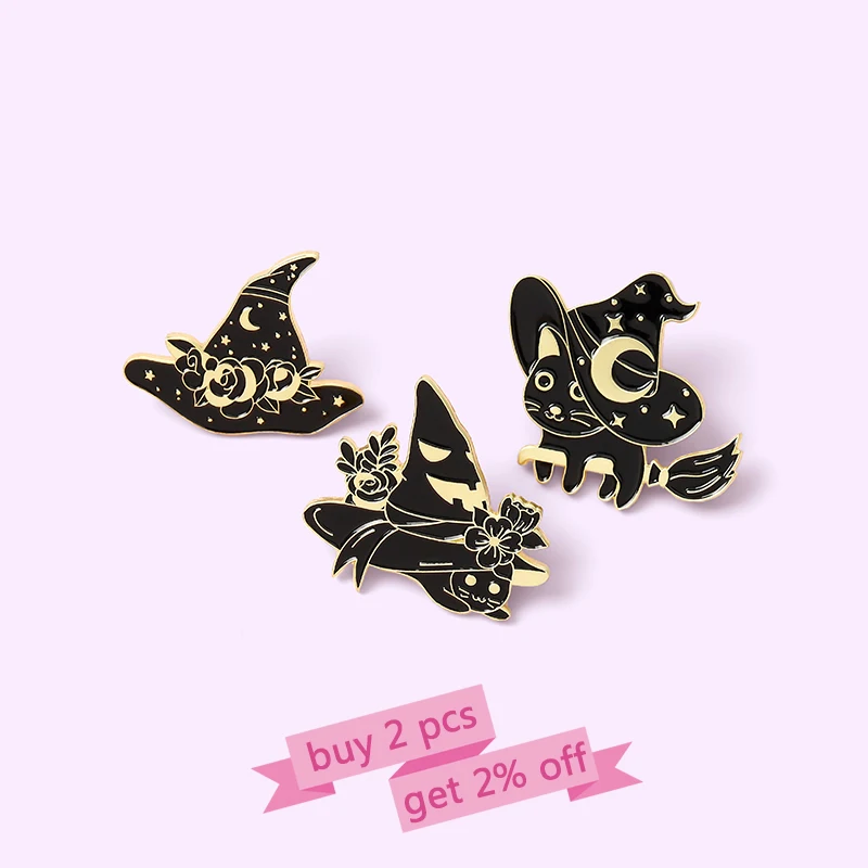 Witch Cats Enamel Pin Custom Starry Wizard Hat Brooch Bag Clothes Lapel Pin Black Gothic Badge Witchcraft Jewelry Gift Friends