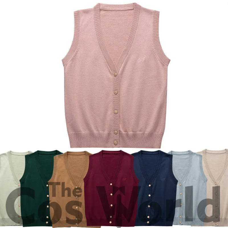 8 Colors Spring Autumn Sleeveless Embroidery Knit Vests Pullovers V Neck Sweaters For JK School Uniform Student Clothes